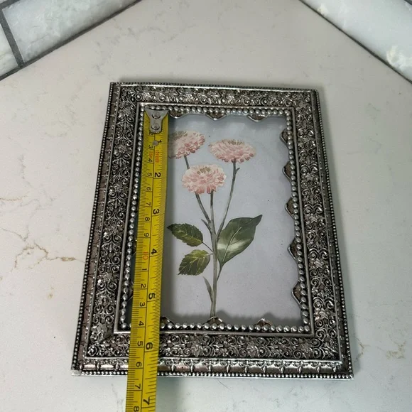 Pink Zinnia Flowers in a Vintage Azzure Home Pewter 5.5” x 3.5” Picture Frame - Picture 12 of 12